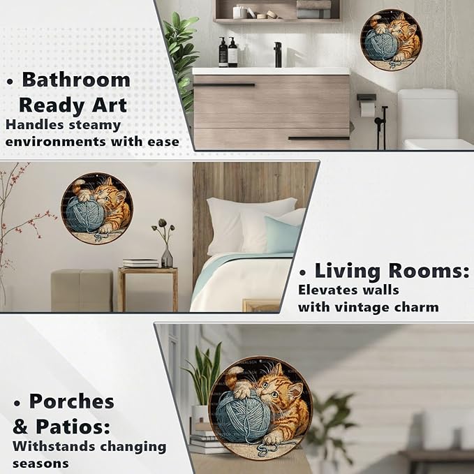 Vintage Orange Tabby Round Metal Sign Retro Yarn Ball Tin Sign Nostalgic Cat Lovers Wall Decor Decorations for Home Bedroom Living Room Cafe Bar Bathroom Shop 12 * 12 In