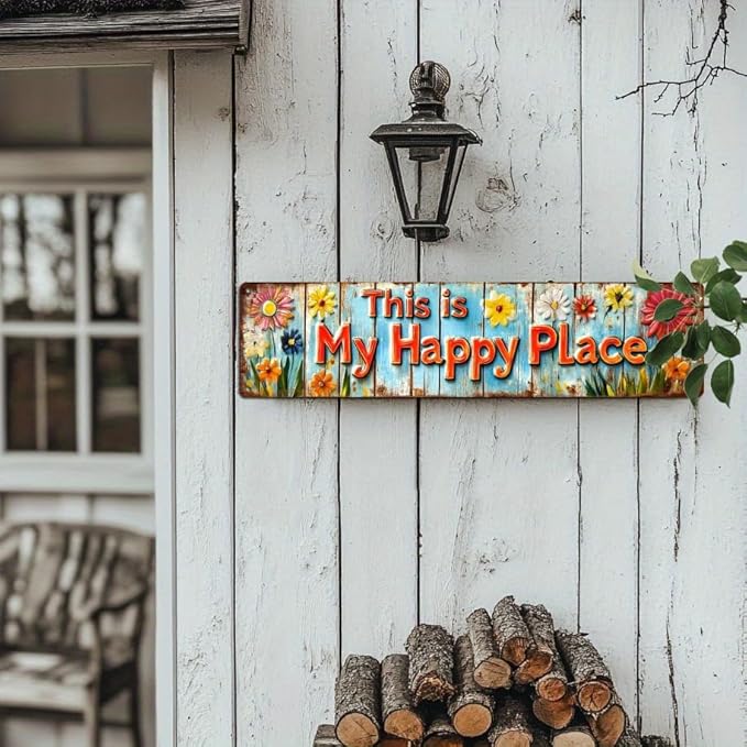 This is My Happy Place Metal Tin Sign Rustic Floral Wall Decor for Farmhouse Kitchen Living Room Bedroom Entryway 4x16 Inch
