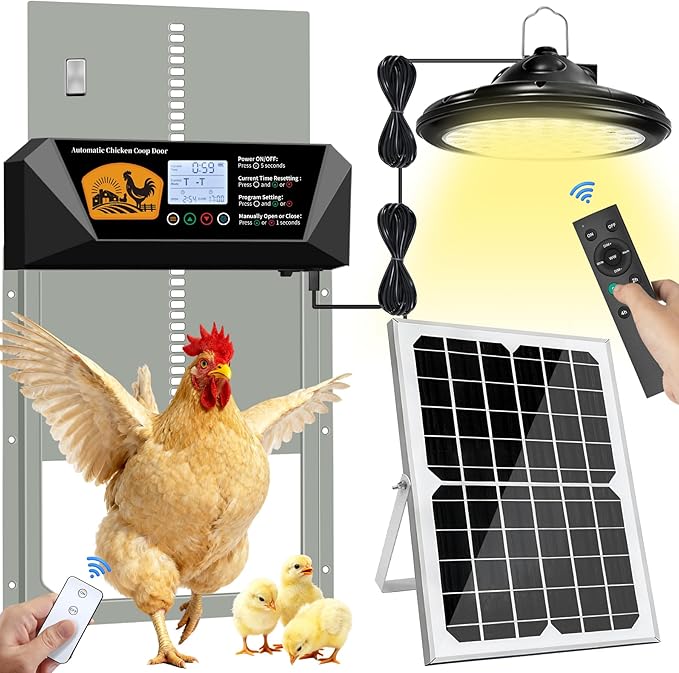Extra Large Automatic Chicken Coop Door Solar Powered with Timer Light, 16'' × 12'' Aluminum Auto Chicken Coop Door with Timer, Remote, Anti-Pinch, Weatherproof for Chickens, Ducks & Geese