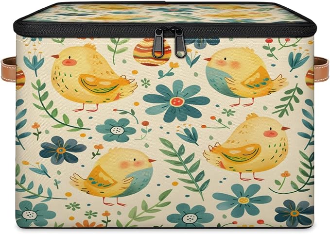Storage Cubes with Lid Fabric Storage Bins Boxes PU Leather Handles, Farmhouse Chicken Closet Organizer Container Foldable Washable Shelf Cloth Basket, Vintage Farm Chicken