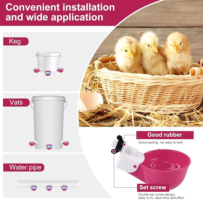 Chicken Waterer Cups (16 Pack/Purplish Red) - DIY Automatic Large Chicken Water Feeder for Ducks Quail and Various Poultry Dispenser with Matching Drill, Double Rubber Ring, Not Leaking Wate