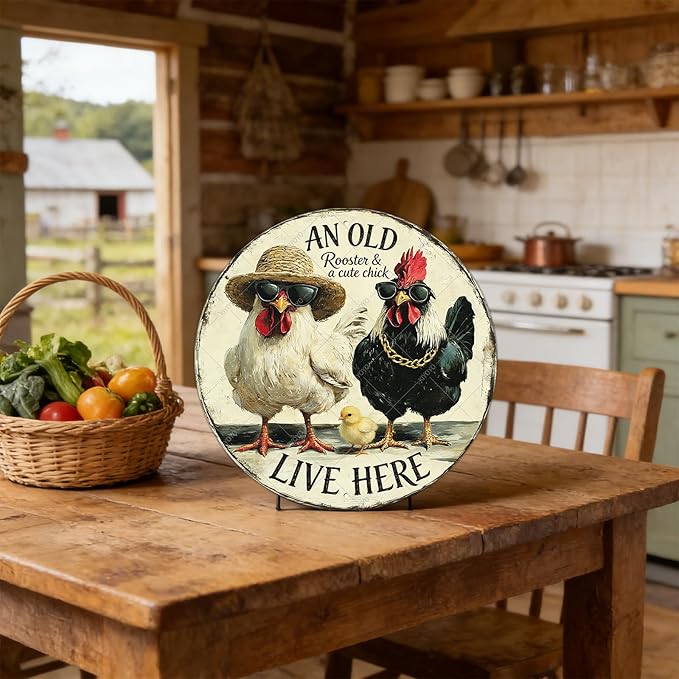 Rooster Wall Decor Round Chicken Signs Chicken Coop Accessories Metal Tin Sign Vintage Style An Old Rooster And A Cute Chick Live Here Iron Poster 12 Inch