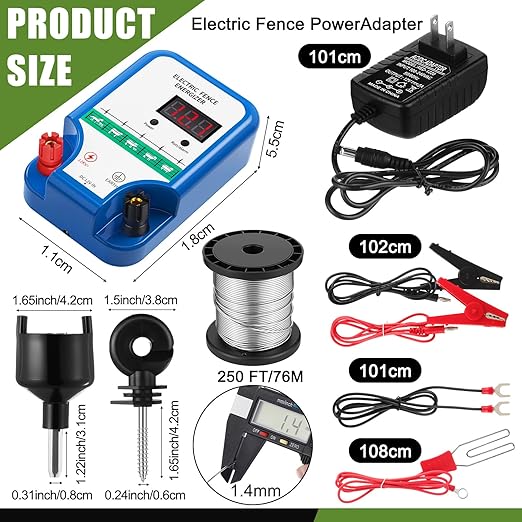 Electric Fence Kit, 8 Mile 12kV 2J Electric Fence Charger AC/DC Powered with 50 Insulators, Socket Tool, 250ft Aluminum Wire for Livestock Control, Predators Deterrent(LCD Display Ver.,Blue)
