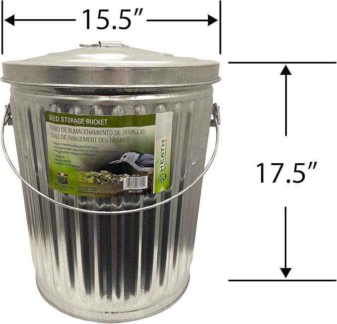 Heath Outdoor Products SS-10 10 Pound Galvanized Metal Multi-Purpose Bird Seed, Suet, Feed Container and Dog Poop, 1-Pack, Galvanized Steel