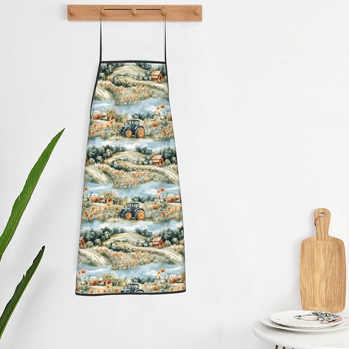 Chef Aprons for Men and Women - Village Flower Tractor Print Oil-Resistant Bib Aprons for Cooking or Grilling BBQ Kitchen