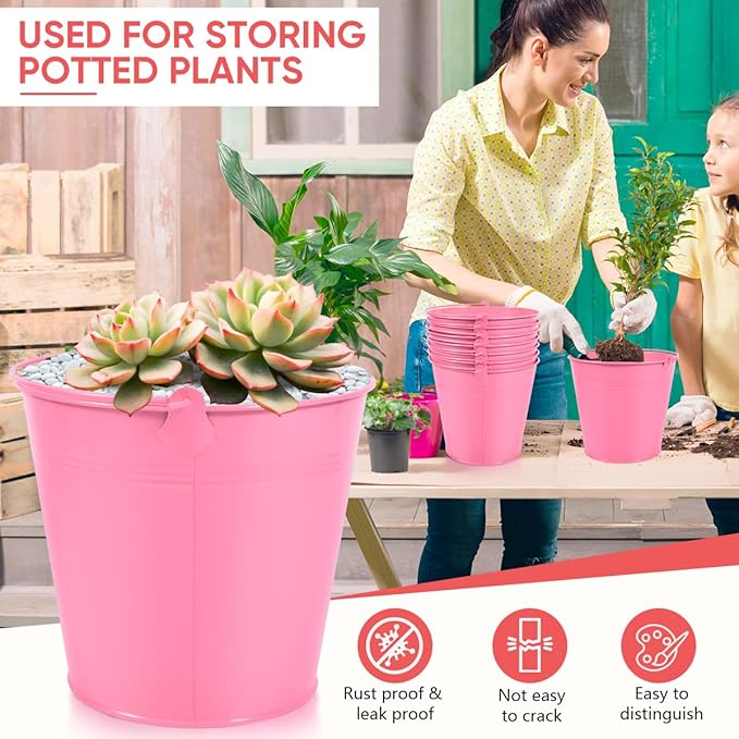 OBTANIM 7 Pack Pink Metal Buckets with Handle Galvanized Ice Pails for Plants, Succulents, Party Favors Organizing, Rustic Home Decor or Classrooms Pencil Storage (7.1 x 5.2 inch)