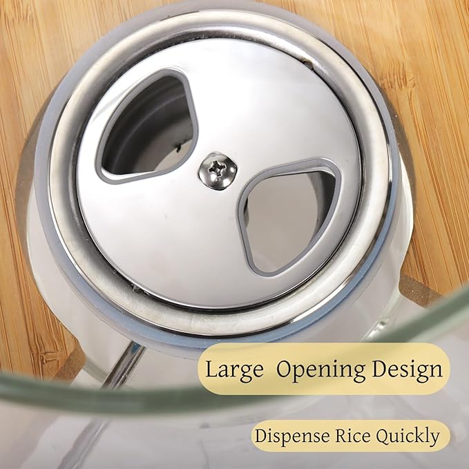 5L Glass Rice Dispenser, Cereal Container with Bamboo Stand, Large Airtight Food Storage Bin, Rice Organization Tank with Measuring Cup for Grain Coffee Beans Dry Food