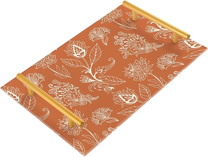 Bathroom Vanity Tray Counter Organizer, Orange Floral Pattern Decorative Tray with Handles Countertop Storage for Bathroom Bedroom Kitchen Home Farmhouse