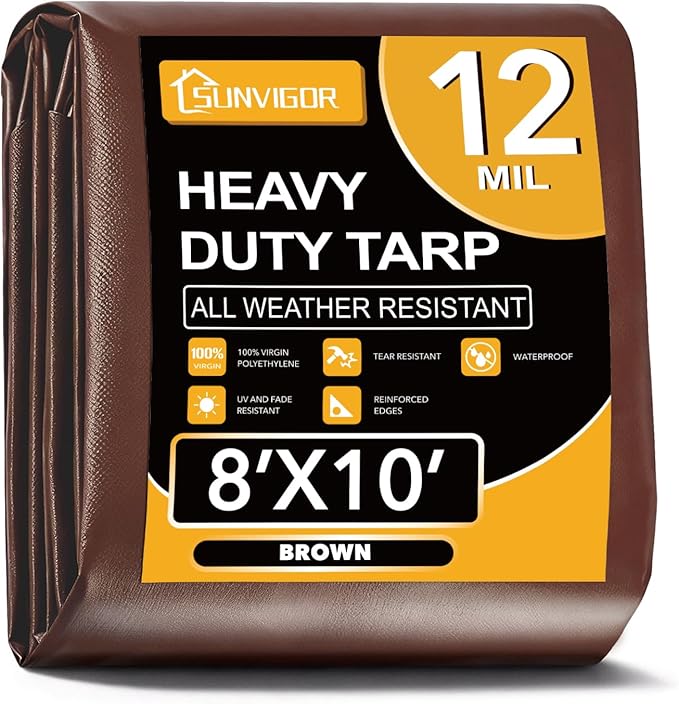 Sunvigor Tarp Waterproof 8x10Ft, Extra Thick 12 Mil Heavy Duty Tarp Cover, Tear & Fade Resistant, Outdoor Tarps with Brass Grommets and Reinforced Edges for Roof, Camping, Patio, Boat (Brown)
