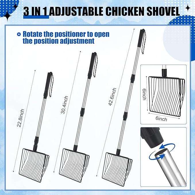 3 Pack Chicken Poop Scooper and Rake Anti Slip Dots Gloves Set Retractable 3 in 1 Litter Sifting Shovel Detachable Chicken Coop Cleaning Tools