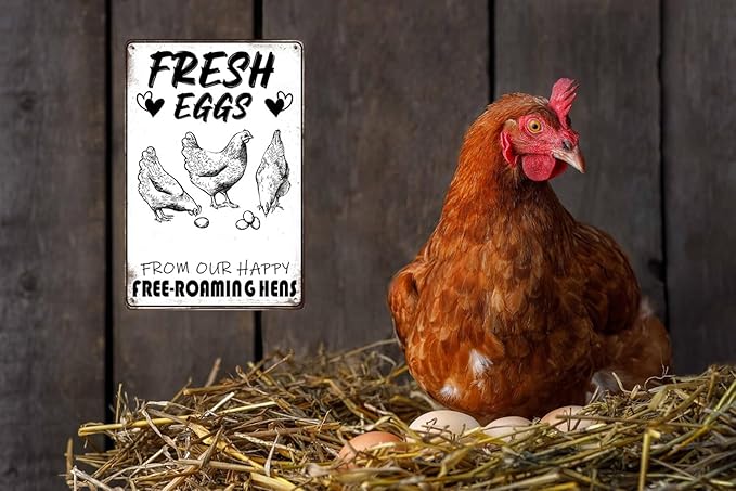 Retro Funny Chicken Tin Sign,Vintage Chicken Coop Metal Poster, Farm Wall Art Decor for Outdoor Home Fence Kitchen Bedroom,Gifts 8×12 Inches (FRESH EGGS)