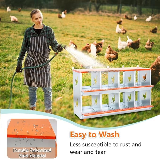 4-Bay Wall Mounted Metal Nesting Box for Chickens and Ducks, Heavy Duty Galvanized Steel Chicken Coop Laying Nest with Ventilation Holes, Orange (8-Orange)