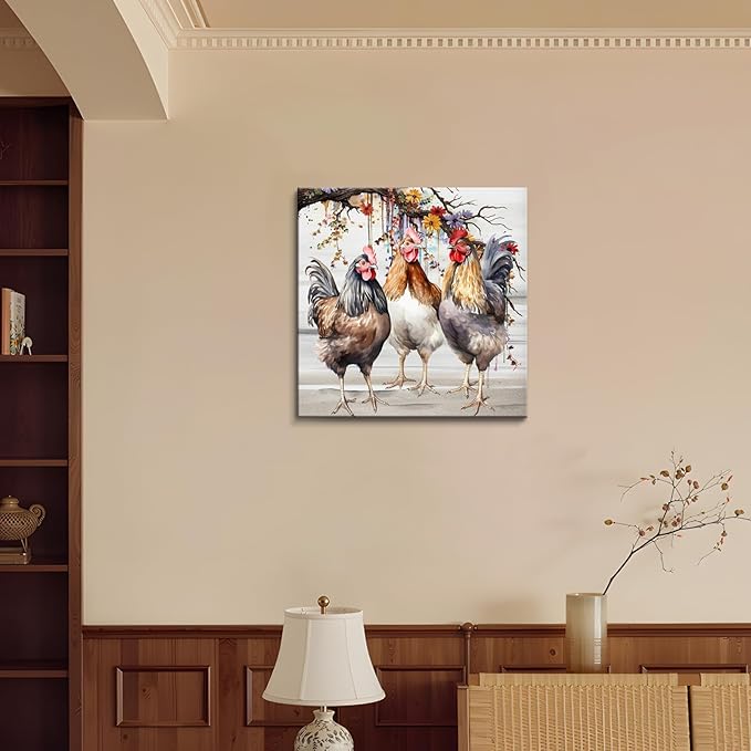 Framed Chicken Wall Art 16x16 Inch Rooster on Flower Stand Canvas Print Farmhouse Country Style Artwork for Kitchen Living Room Rustic Home Wall Decor (Three roosters, 16L×16W)