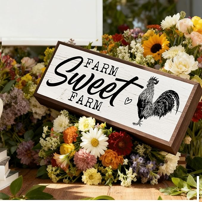 Farm Sweet Farm Sign, Country Style Home Decor, Decorative Wall Art Sign, Home Decor for Kitchen Yard Indoor Outdoor, Rustic Framed Wall Plaque 9.5x3.1x1 inches