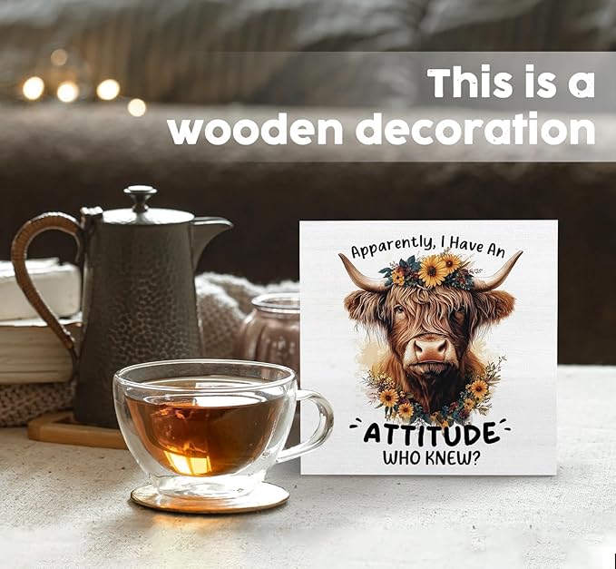 Highland Cow Sign, Farm Cottagecore Animal Office Kitchen Bedroom Decor, Apparently I Have an Attitude Who Knew Wooden Box Signs, Apparently Highland Cow Gifts for Women Men 6x6 in Decorative Signs & Plaques