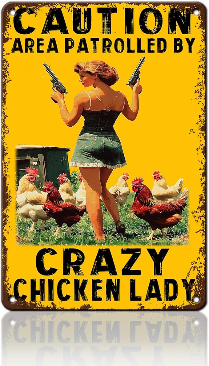 Funny Chicken Metal Sign Vintage Caution Area Patrolled By Crazy Chicken Lady Tin Signs Farm Coop Wall Decor Farmhouse Kitchen Home Garden Yard Hen Tin Poster 12x16 Inch