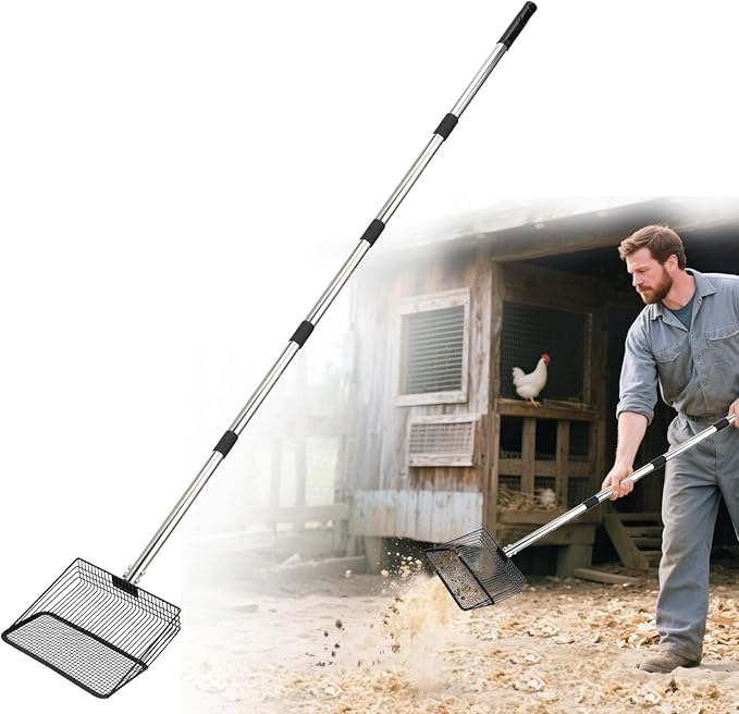 10'' Wide Chicken Poop Scooper - Adjustable 36''-76'' Long Handle, Heavy Duty Litter Sifting Scoop Shovel Chicken Coop Accessories for Efficient Cleaning Protect Back