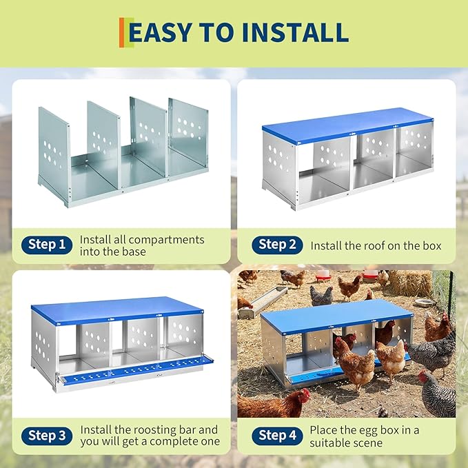 Heavy Duty Metal Chicken Nesting Box – 3 Compartments, Galvanized Steel, Breathable Holes, Resting Platform, Easy Clean, Rollaway, Wall Mounted/Floor, Blue, 96×48×40cm, Without Cover