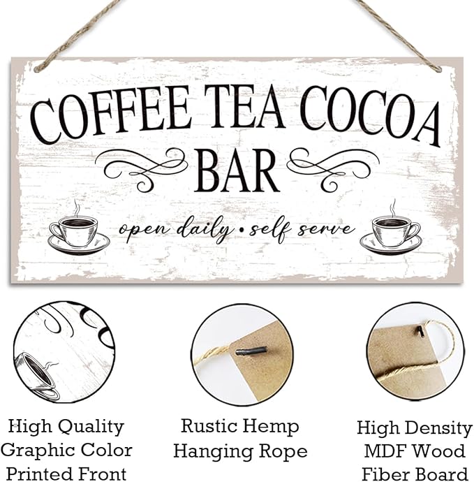 Coffee Tea Cocoa Bar decor Sign, Coffee Tea Cocoa Bar Open DAily Self Serve Hanging Sign, Vintage Kitchen Decor, Cafe Decoration with Rope Hanging 12 x 6 Inches