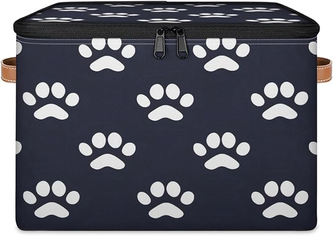 Storage Cubes with Lid Fabric Storage Bins Boxes PU Leather Handles, Dog Paw Print Closet Organizer Container Foldable Washable Shelf Cloth Basket, Dog Paw Print