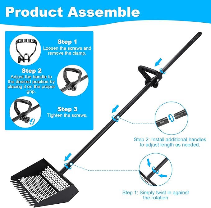 2-in-1 Coop Scoop(24" to 68"), Chicken Poop Scooper with Grip & Rake, Chicken Coop Accessories for Pet Waste Cleaning, Adjustable Stainless Steel Sand Sifting Litter Shovel for Chicken Coop