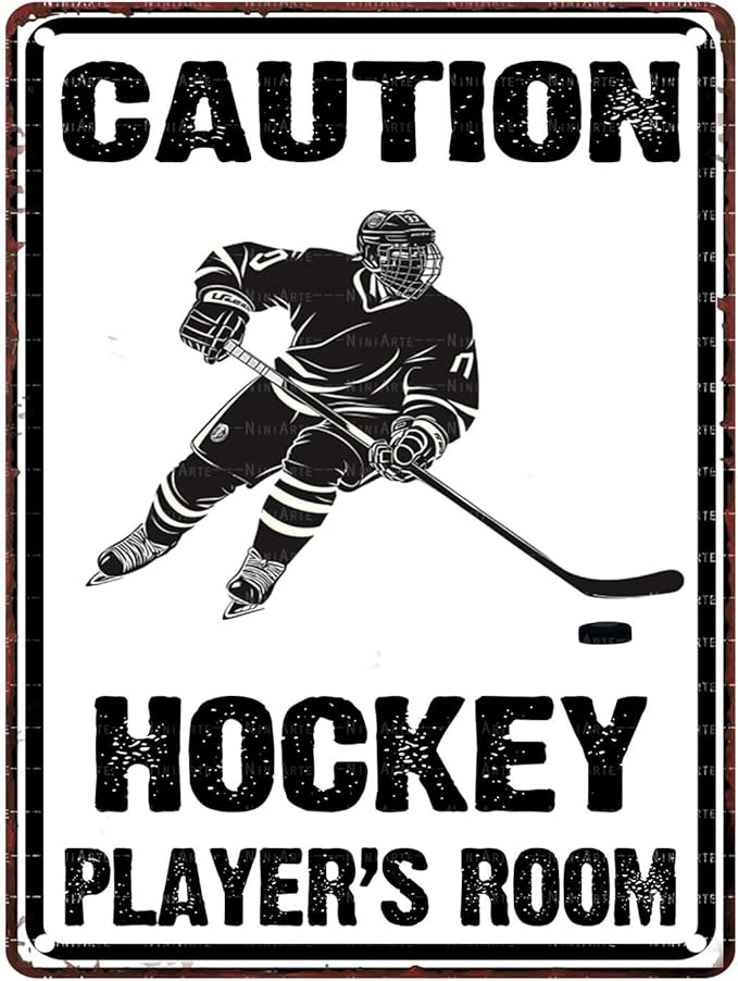 Hockey Metal Tin Sign Caution Hockey Player's Room Vintage Sign for Man Cave Decor Sports Wall Decor Hockey Party Decorations Hockey Fans Sign Front Door Sign 12X16Inch
