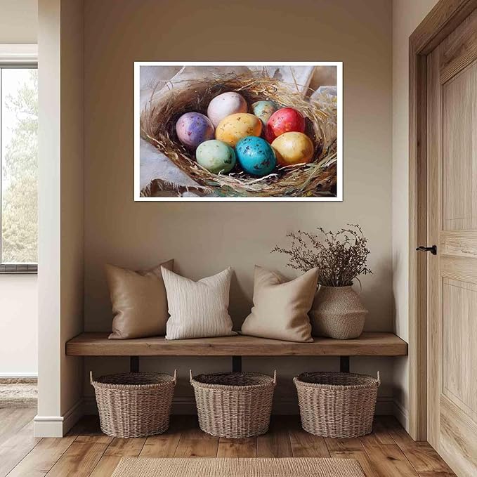 MNFGMH Easter Canvas Watercolor Easter Eggs Spring Art Cute Easter Picture for Living Room and Kitchen Canvas Roll 20x30 inch