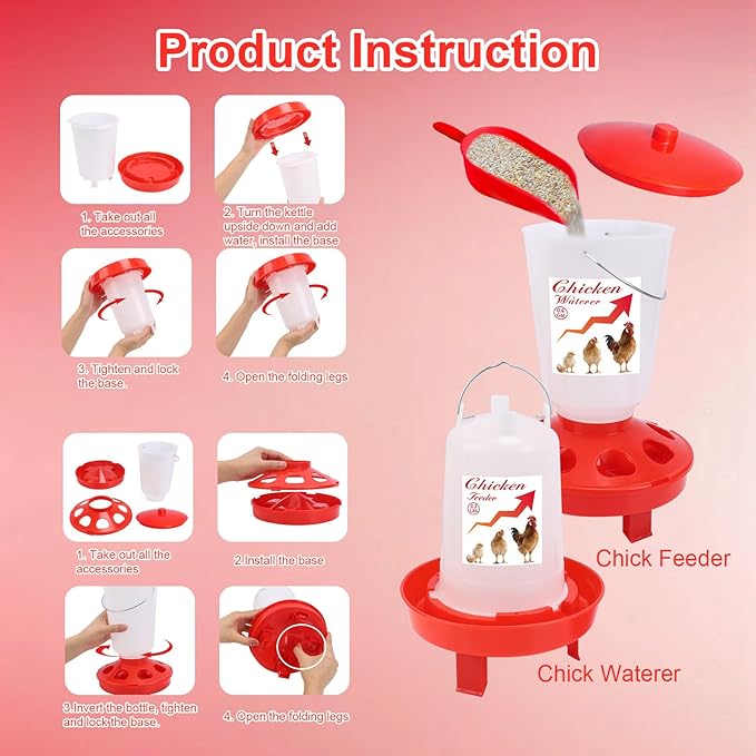 Chick Feeder and Waterer Set Top Fill 3.3LB Feeder and 0.4Gal Waterer with 3 Adjustable Heights Legs for Chicks