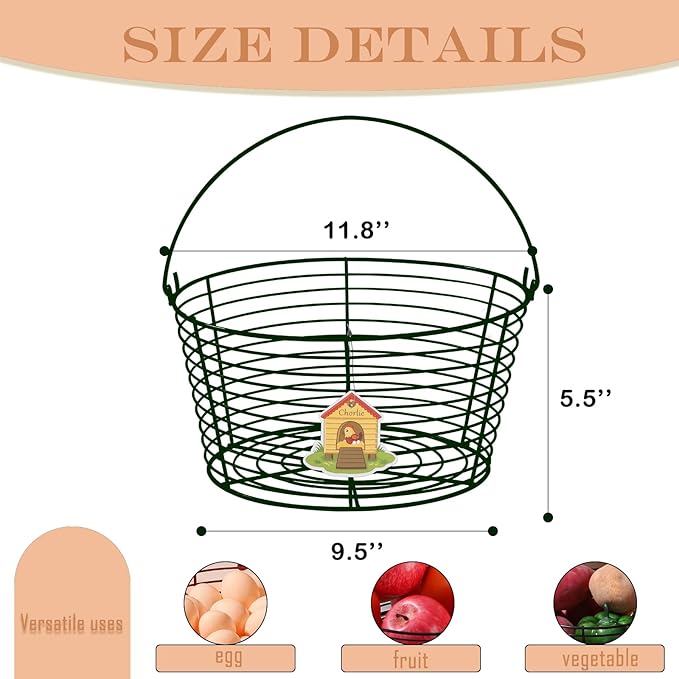 Colorful Metal Mesh Wire Egg Collecting Basket with Handle Portable Garden Vegetable Fruit Storage Lightweight Hanging Collector for Farmhouse Gathering Kitchen Picnic (Green, Large - 12")