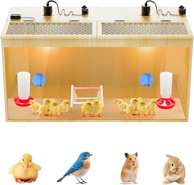 Brooder Box for Chicks, 32 Inch Wooden Large Chicken Brooder Box with 75W Heating Lamps, Thermometer, Chicken Feeder & Waterer Set, Tin Foil, Poultry Breeding Kit, for 12-15 Chicks Ducks Quail