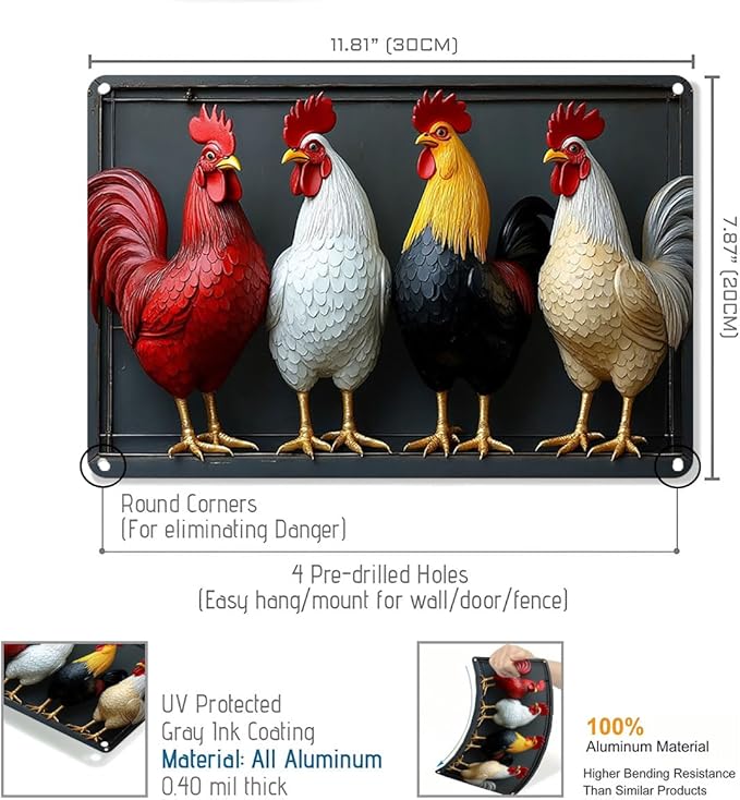 FunnySign Chicken Gifts Rooster Décor Four Rooster Not 3D Rustic Tin Sign for Home Farm Chicken Coop Decor 8x12 Inch (9704)