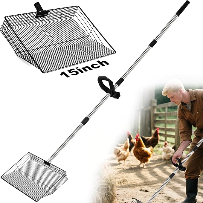 15" Large Chicken Poop Scooper with 64" Adjustable Long Handle - Heavy Duty Stainless Steel Metal Litter Shovel for Coop Sand, Poultry Manure & Pet Waste Cleaning - Durable 3-in-1 Garden Rake Tool