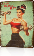 Fitness Girl with Dumbbells Motivational Wall Art Poster Sweat Sparkle Slay Tin Sign Gym Decor for Home & Office Decor Bedroom Bathroom Cafe 12X16Inch