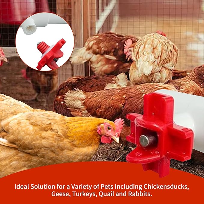 Automatic Chicken Waterer for Ducks Quail Bird Outdoor, Plastic Chicken Water Feeder Bowls Poultry Water Feeder Kit for Chicks, Duck, Goose, Turkey and Bunny (White and Red, 10 Pack)