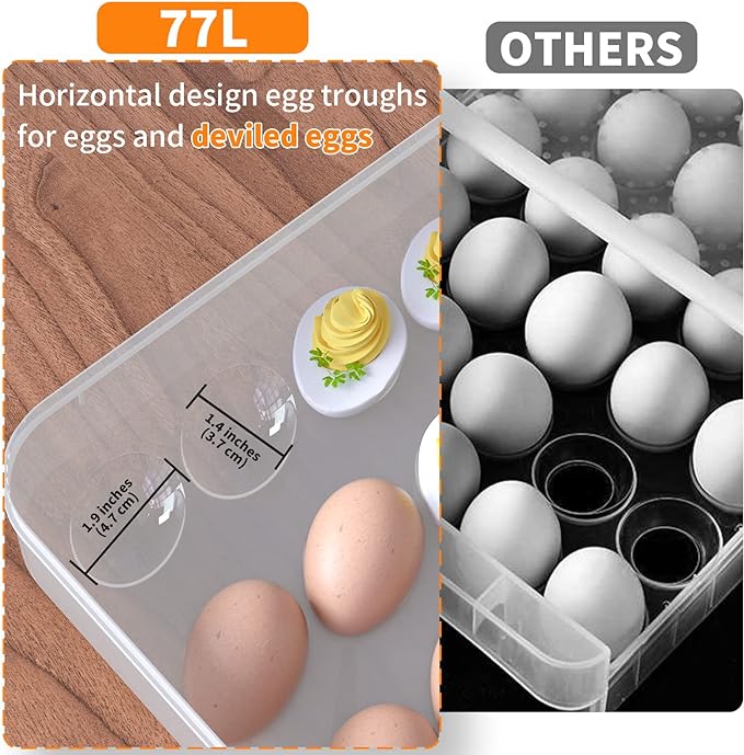 77L Deviled Egg Containers with Lid, (Set of 2), Plastic Egg Holder for Refrigerator for 48 Eggs, Clear Storage Deviled Egg Carrier Tray, Fridge Stackable Countertop Portable Egg Dispenser