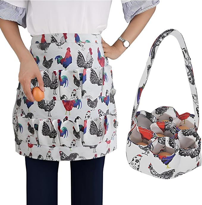 2 Pcs Egg Collecting Apron Chicken Egg Gathering Basket with 7 Pouches, Fresh Egg Holding Apron with 12 Pockets for Farmhouse Kitchen Parent Child Activities, Gift for Grandma/Housewife/Women