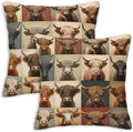 Highland Cow Patchwork Print Throw Pillow Covers 18x18 Inch, Set of 2 | Western Farmhouse Square Cushion Cases for Couch & Living Room | Rustic Country Home Decor, Decorative Pillowcases