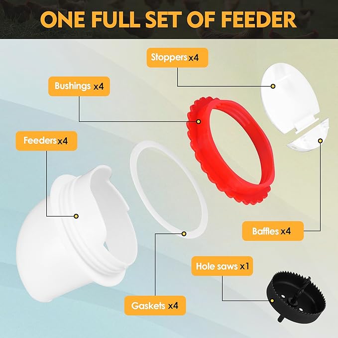4Pcs Chicken Feeder Port, 3rd Gen Automatic Chicken Feeder No Waste, Waterproof Chicken Feeders with Raised Baffle & 1 Drill Bit, Poultry Feeder for Buckets, Barrels, Bins