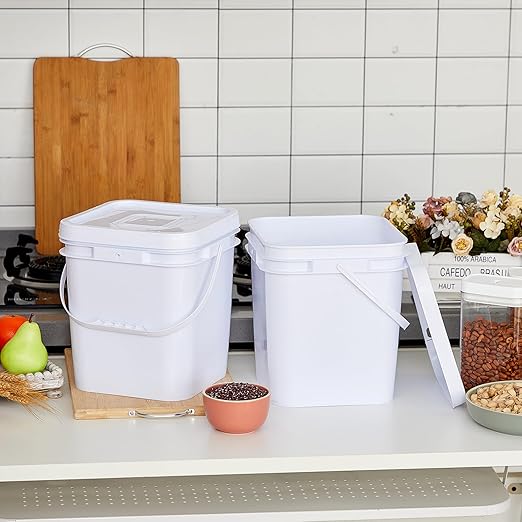 Mumufy 3 Pcs 3.5 Gallon Square Food Grade Bucket with Lid Square Bucket Pail Plastic Handles for Long Term Food Storage, Camping, Fishing, Home Organization Easy Stack and Store (White)