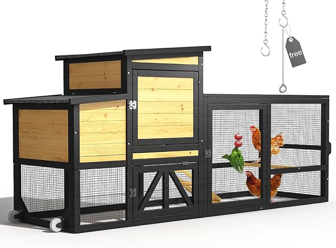 80'' Chicken Coop with Nesting Box, Outdoor Duck Coop, Chicken House for Outside, Wooden Chicken Coops with Run & Waterproof Asphalt Roof, Wheels, Removable Tray and Hanging Chicken Feeder