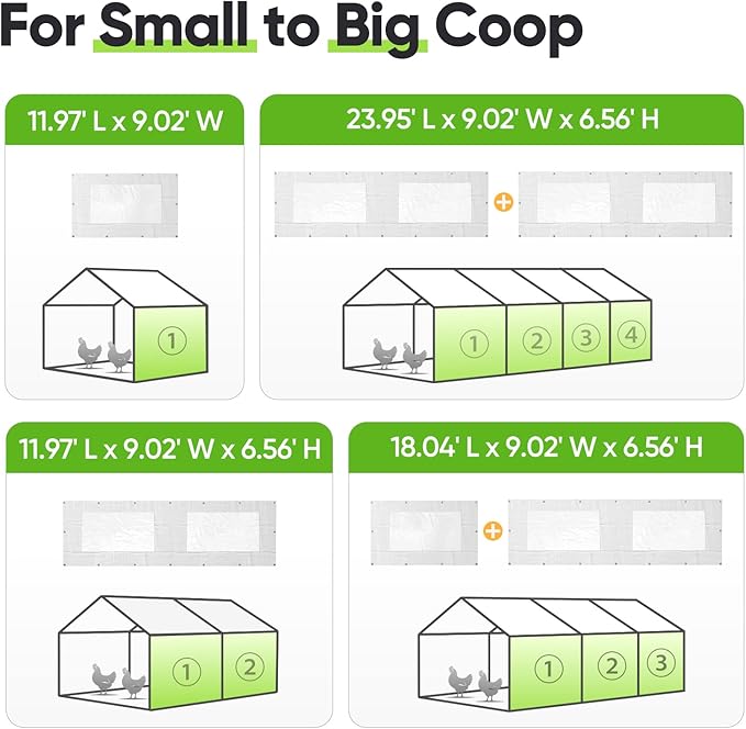 Quictent 6.6x4 FT Chicken Coop Cover Heavy Duty Winter Wrap with Window, Waterproof Chicken Run Tarp, Windproof Insulation Shield, 20 Ball Bungees (Side Panels, 2 Packs)