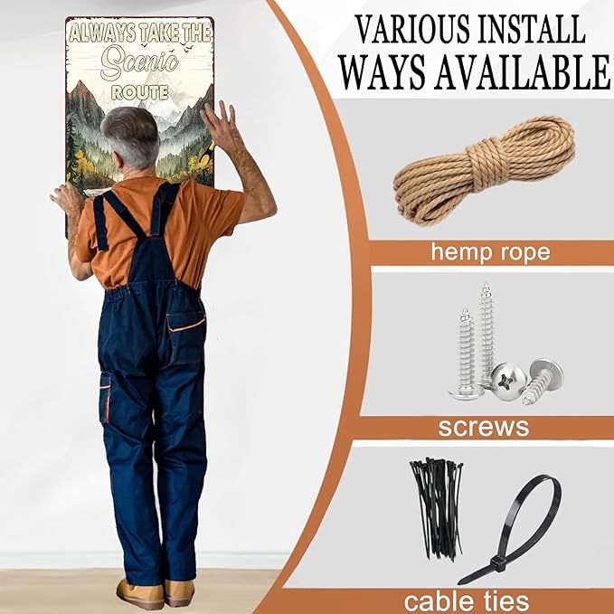 Camping Metal Tin Sign Always Take the Scenic Route Vintage Sign for Home Camper Cafes Bars Pubs Shop Wall Decorative for Men Women 8X12Inch