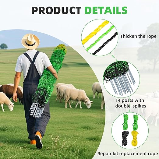 Electric Fence Netting, 35.4" x 164' Portable Electric Net Fence for Goats, Sheep, Lambs, Hogs in Backyards, Farms, Ranches, Homesteads and Gardens,(14 Posts, 2 Spikes,Green)