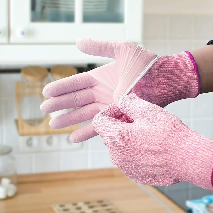 Evridwear Cut Resistant Gloves Food Grade Level 5 Kitchen Safety Protection (Medium, Pink+Gray)