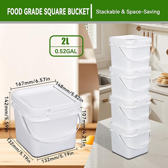 Food Storage Buckets with Lids - 4 Set Square Clear Plastic Containers, Airtight Pressure Seal & Handle for Kitchen Freezer Prep (White, 68 oz)