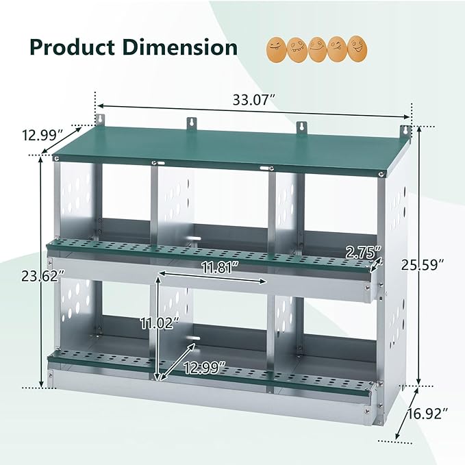 Chicken Nesting Box for Laying Eggs - 6 Room Chicken Laying Boxes, Nesting Boxes for Chickens, Heavy Duty Metal Chicken Coop,33.07" L x 16.92" W x 25.59" H