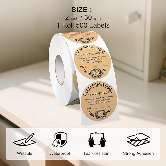 500 PCS Fram Fresh Eggs Carton Labels with Collection Date 2 Inches Natural Brown Kraft Stickers Self Adhesive Writable Handling Packaging Sticker for Chicken Quail Duck Farmhouse