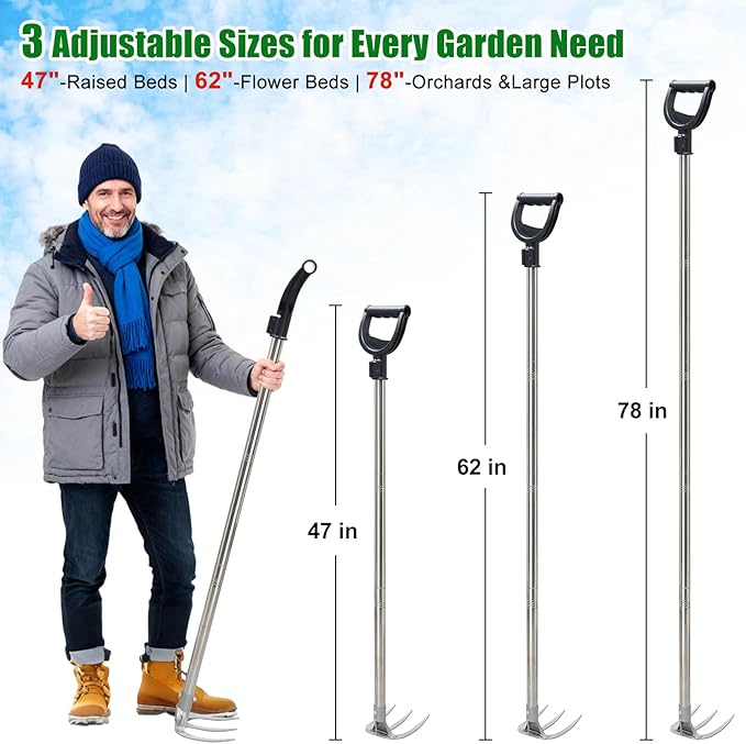 62" Hand Cultivator, 3-Tine Heavy Duty Long Handle Weeding Rakes with D-Handle for Gardens Raised Beds Orchards Small Farms and Harvesting Potatoes
