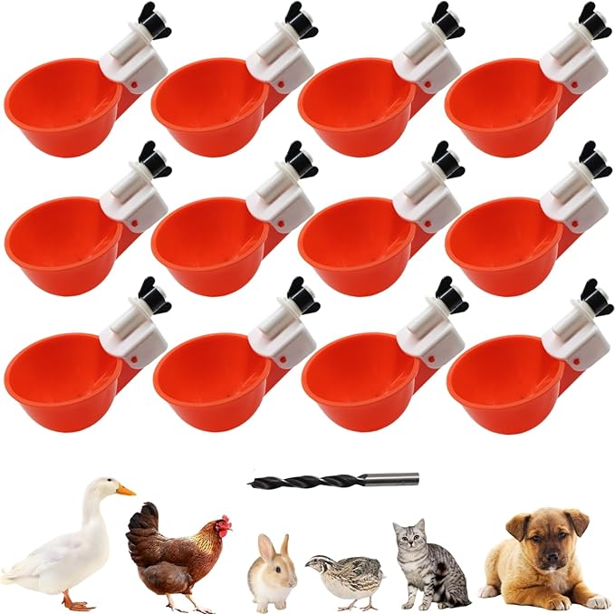Chicken Waterer Cups, 24 Pack Poultry Water Feeder with Drill, Large Poultry Waterer Automatic Waterer for Chicken Coop, Duck, Chicks, Goose, Turkey, Bunny, Bird (Red, 24 Pack)