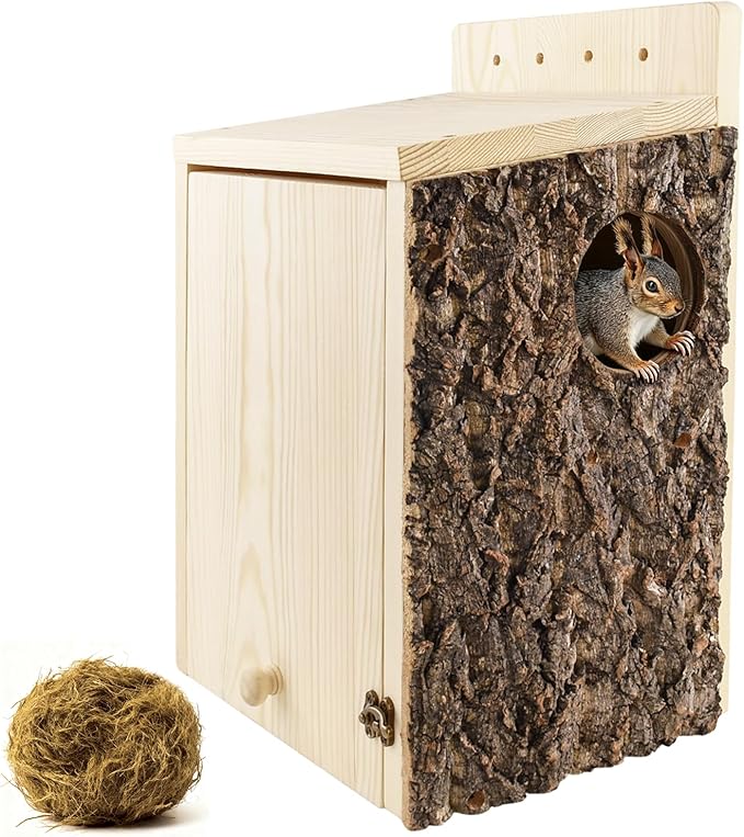 Large Squirrel Nesting Box with Predator Guard - Easy Assembly Squirrel Houses for Outside Nesting, Wooden Nesting Box for Squirrels,Chipmunk,Bird and Small Animals